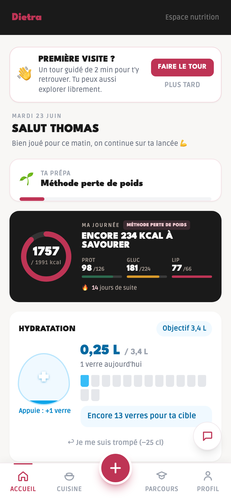 L’accueil de Dietra : ton plan du jour, tes macros et ton hydratation